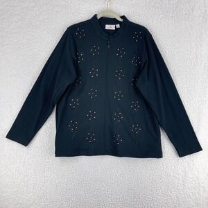 Quacker‎ Factory Black Embroidered Full Zip Sweater Womens Long Sleeve Size XL